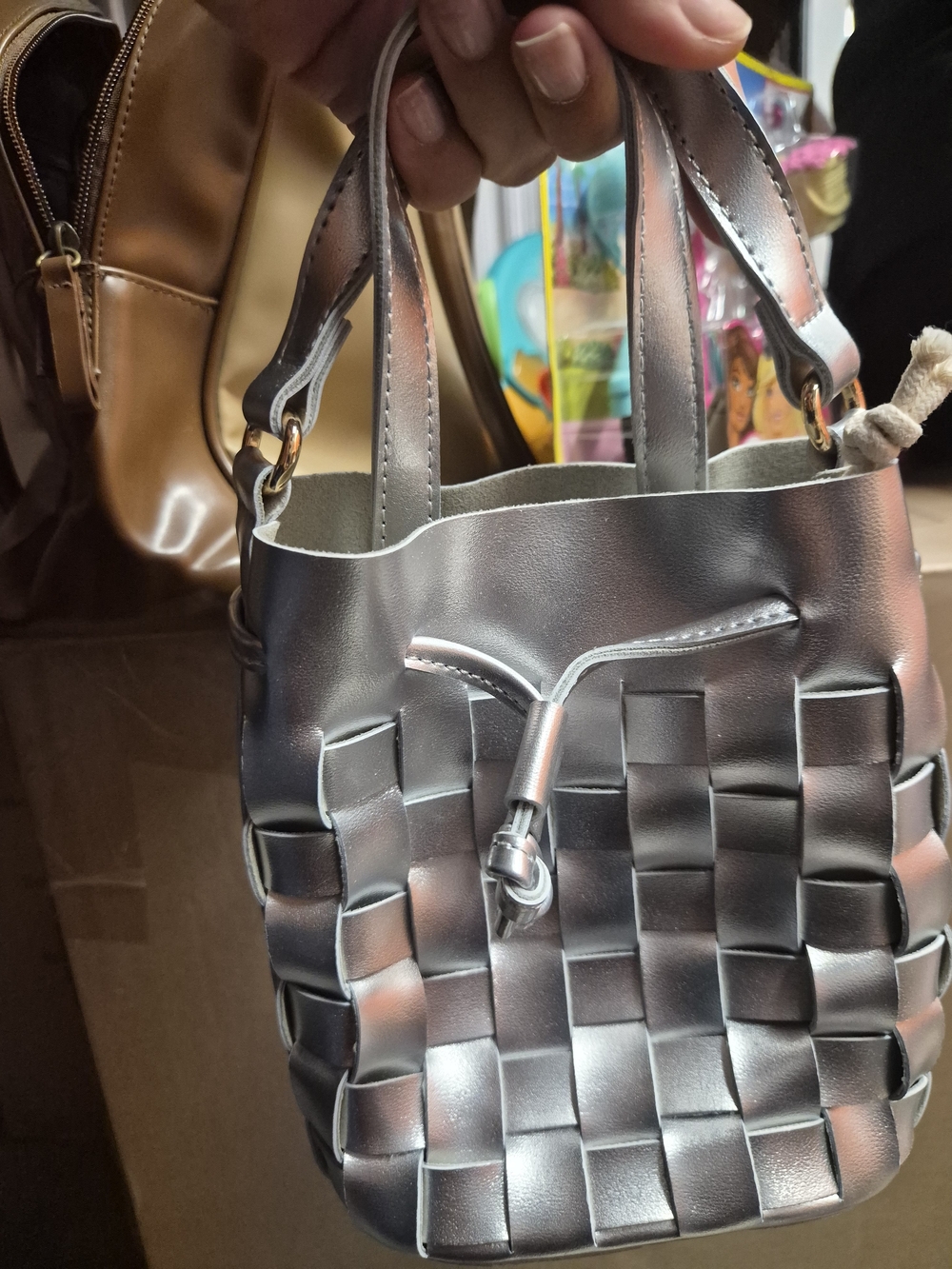 Woven Metallic Silver Crossbody Bucket Bag